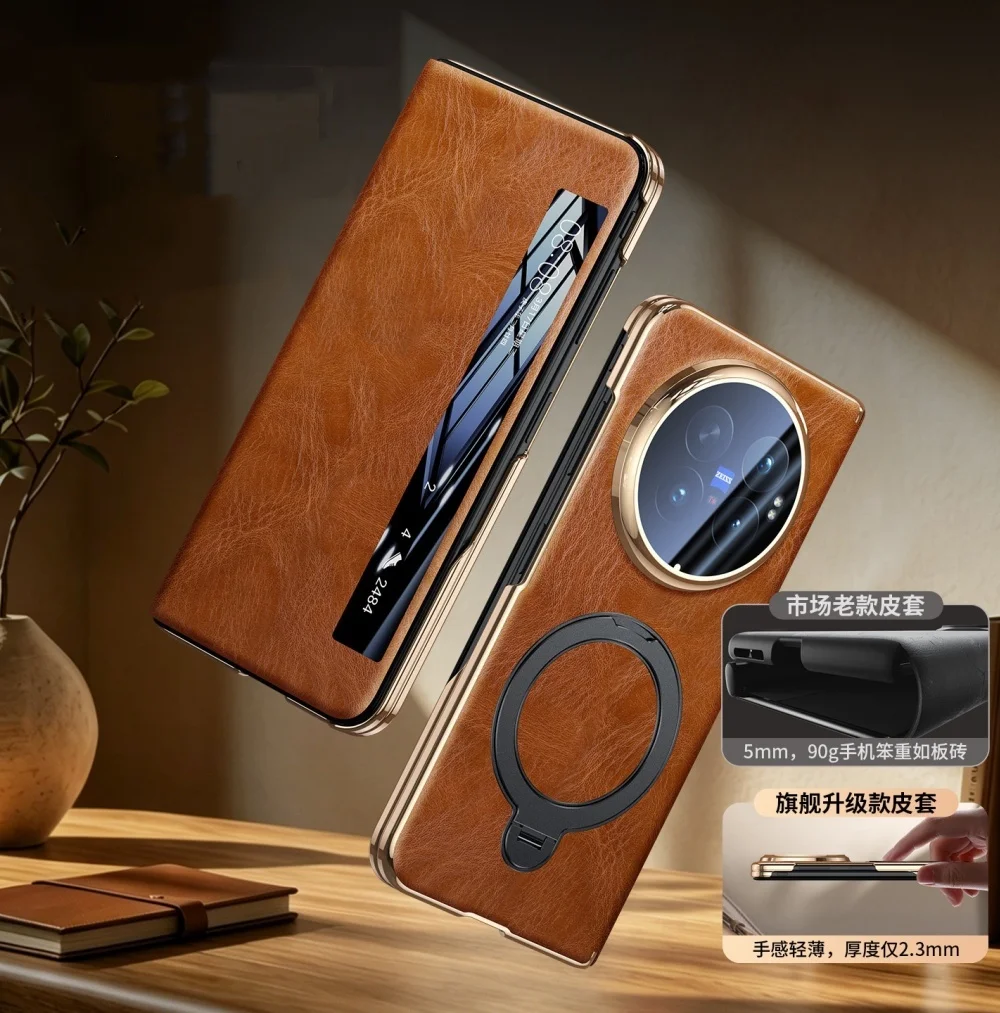 Genuine Cowhide Leather Window View Flip Case For VIVO X Fold6 Oil Wax Bracket Cover