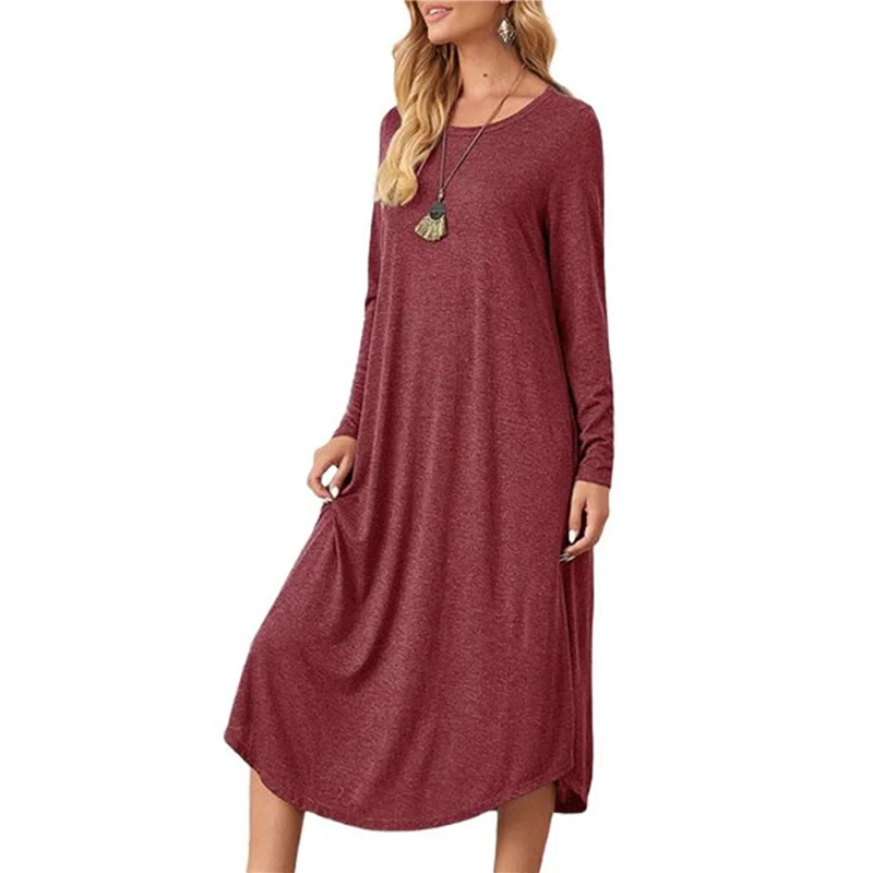 

FBIL-Women's Long Dress Long Sleeve Round Neck Pajamas With Pockets