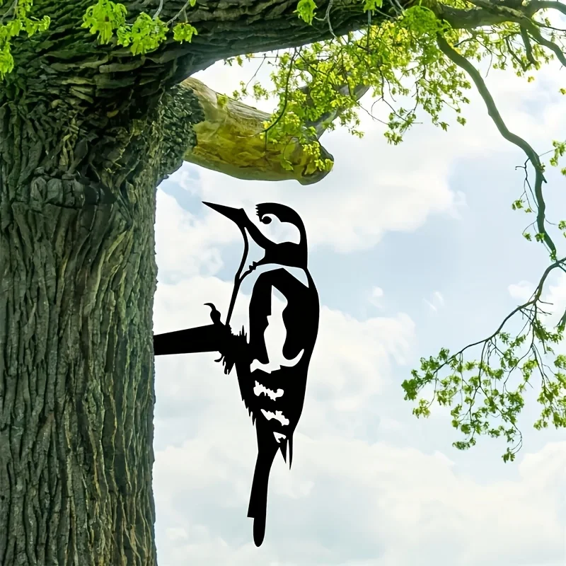 1pc Whimsical Woodpecker Tree Insert - Metal Silhouette Decoration with Branch Iron Stake for Home Garden Patio, Outdoor Statue