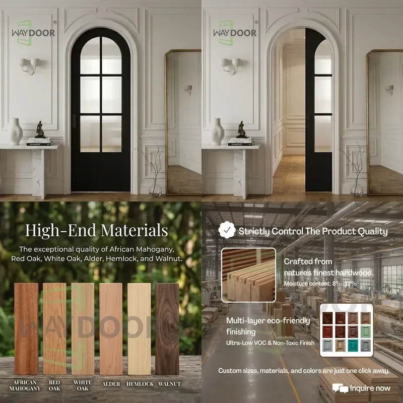 Customized Surface Finished Arched Glass Panel Style Oak Pine Mahogany Solid Wood Interior Room Sliding Pocket Door