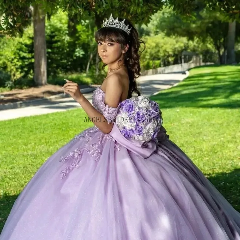 ANGELSBRIDEP Elegant Lavender Sweet 16 Quinceanera Dresses Applique Lace Bow Tull Party Birthday Vestides De 15 Anos Customized