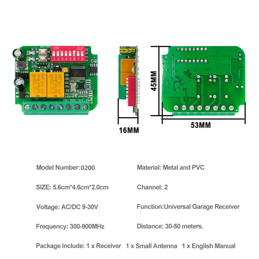 ประตูโรงรถตัวรับสัญญาณ AC/DC 9 V-30 V 12V 24V 85-250V 2CH 300MHz ถึง 868MHz 433MHz รีโมทคอนโทรลรีเลย์โมดูล