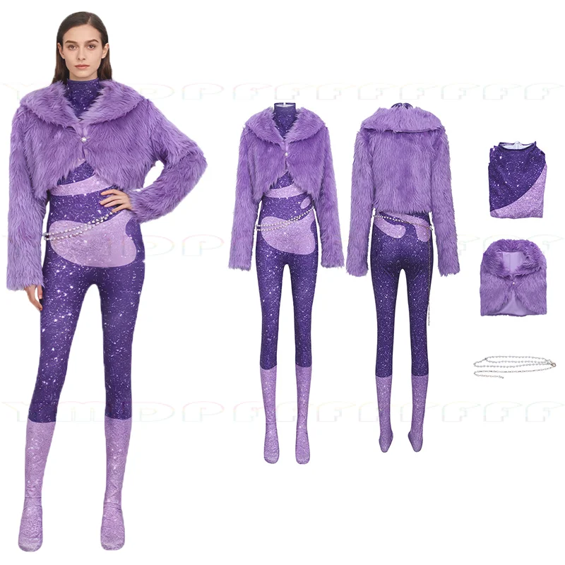 Anime nieuwe zangeres Shakira cosplay set geitenbont paarse jas jumpsuit taille ketting podium outfit Kerst en Halloween ho - afbeelding 2