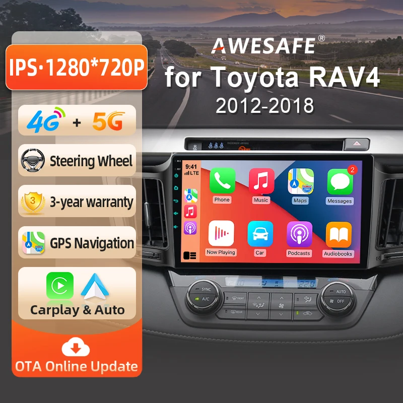 AWESAFE Radio Android 10 pouces pour Toyota RAV4 RAV 4 2013 - 2018, CarPlay sans fil et Android Auto, navigation GPS, support multimédia, commande au volant, amplificateur de subwoofer, caméra arrière avec CAN-BUS, prise EU, Plug and Play, autoradio numérique DAB+, autoradio 2DIN, autoradio stéréo