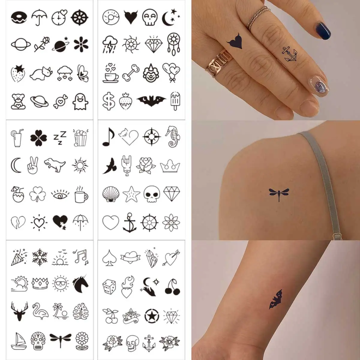 6pcs Simple Black Small Pattern Tattoo Stickers Finger Wrist FakeTattoo Body Art for Women Waterproof Lasting Hands Sticker