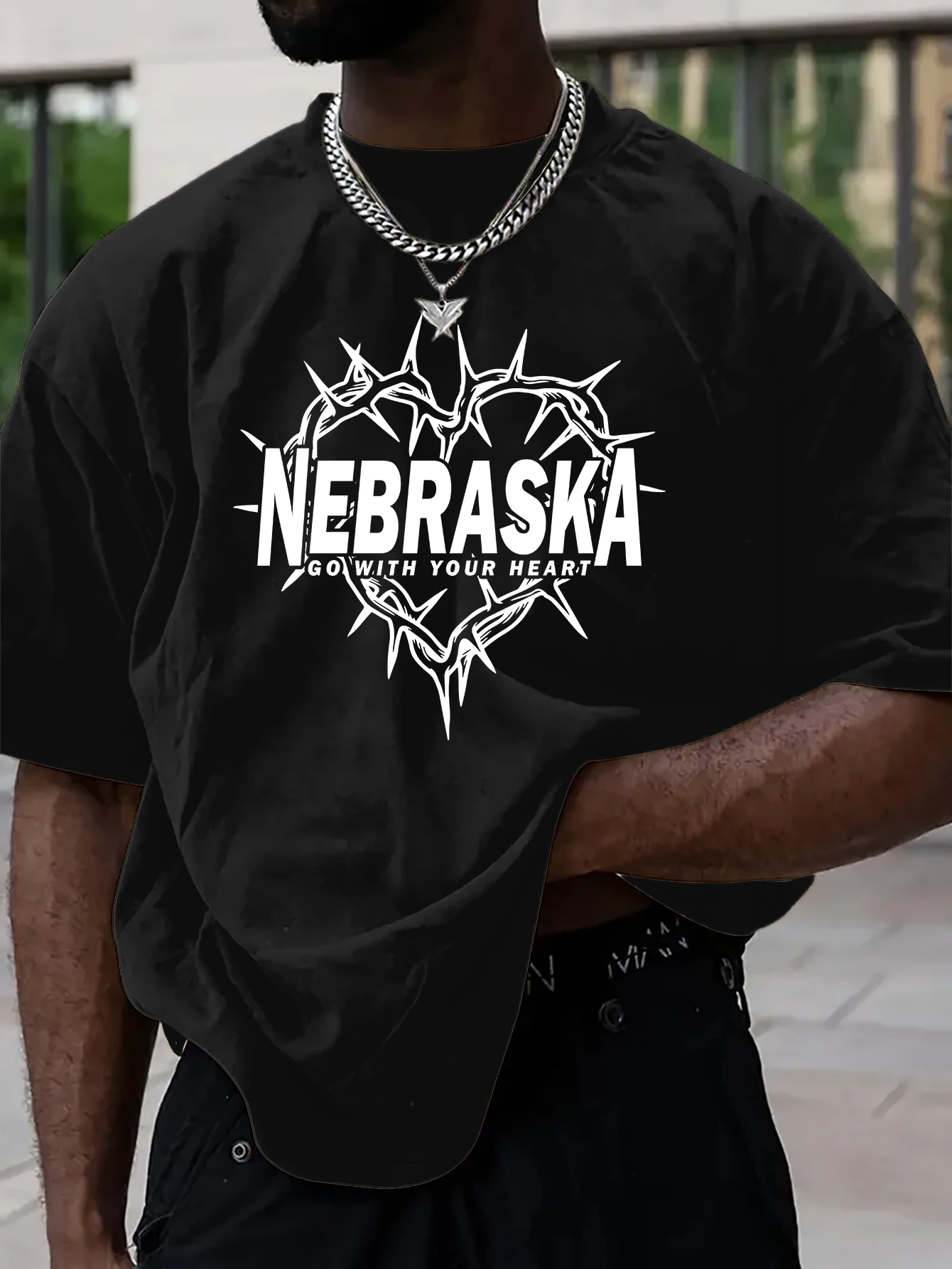 Herren Oversized Vintage Streetwear T-Shirt mit Nebraska Thorn Heart Print, Lässiger Rundhalsausschnitt, Kurzarm Grafik-T-Shirt