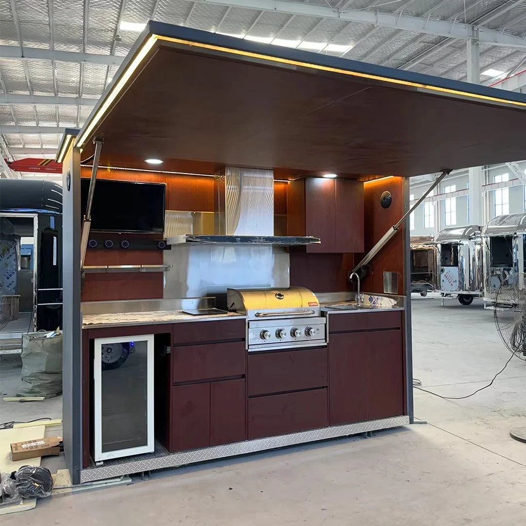 Outdoor Patio BBQ Kitchen Station With Electric Lift Up Roof And Stainless Steel 304 Sink Fridge And Storage Shelf