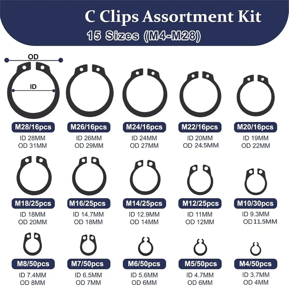460PCS Metric - External C-Clip Circlips Snap Retaining Rings 15 Sizes Assortment Kit for Shaft Auto Motorcycle