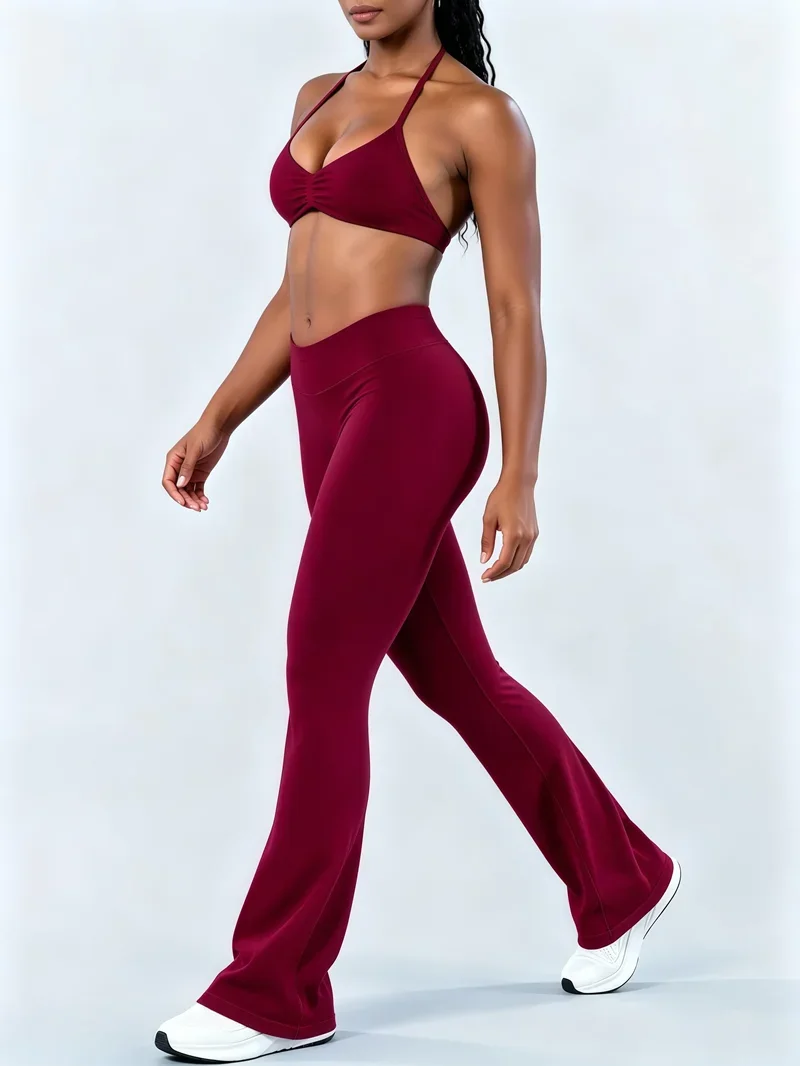 2-teiliges HISTELLO Schlaghosen-Set für Damen, Neckholder-Sport-BH, Nahtlose Po-Lifting-Yogahose, Bauchkontrolle, Fitness-Workout-Sets – Detail 7