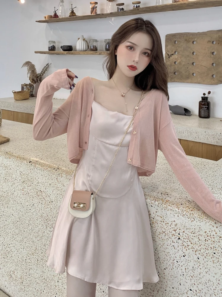 

Ice Silk Knitted Open Cardigan Women's Thin Summer Shawl Strap Vest Dress Outer Covering Short Jacket Spring Autumn Korean St...