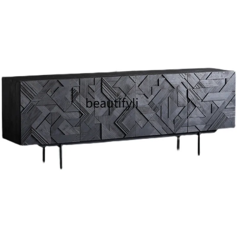 

Solid Wood TV Cabinet Middle-Ancient Industrial Style Sideboard Cabinet Living Room Hand Carved Entrance Cabinet