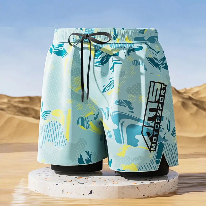 

Мужские пляжные шорты, лето 2023, быстросохнущие спортивные мужские шорты с принтом, повседневные двухуровневые бермуды, мужские шорты для бега, мужские брюки