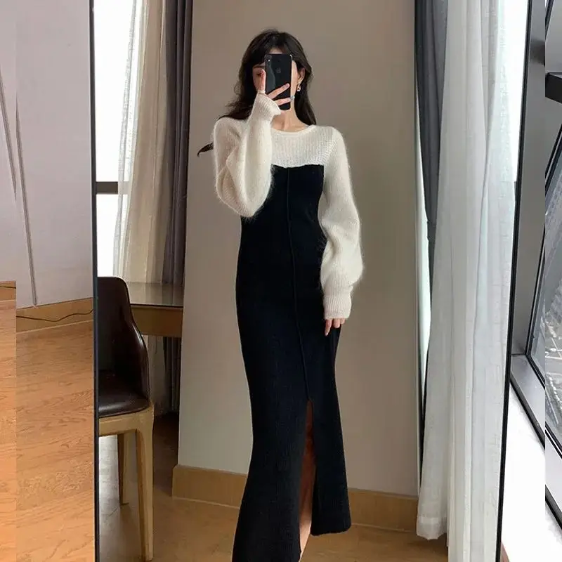 

French Style Vintage Midi Dress Female Clothing Patchwork Knitted Autumn Winter Basic Long Sleeve Fashion Waist Split Dresses