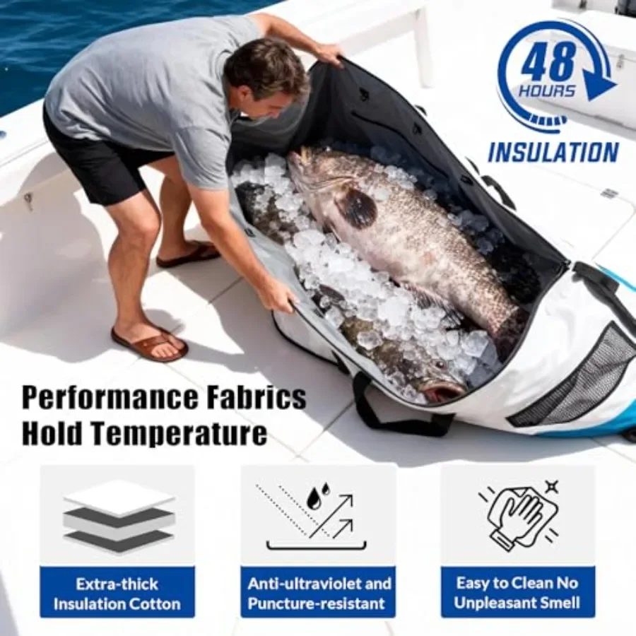 Fishing cooler bag for catch storage, insulated nylon material, gray color, waterproof design with smooth water-resistant zippe