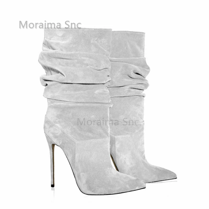 

High Heeled Pleated Suede Boots for Women Pointed Toe Slip On Stiletto Mid-Calf Boots Autumn Winter Grey Black Khaki Shoes