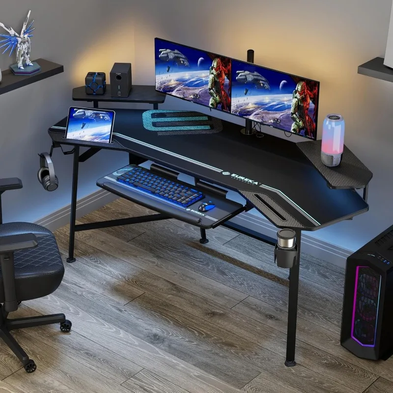 Gaming-Schreibtisch mit LED-Leuchten, 72 Zoll großer flügelförmiger Studioschreibtisch mit Tastaturablage, Computertisch mit Monitor St