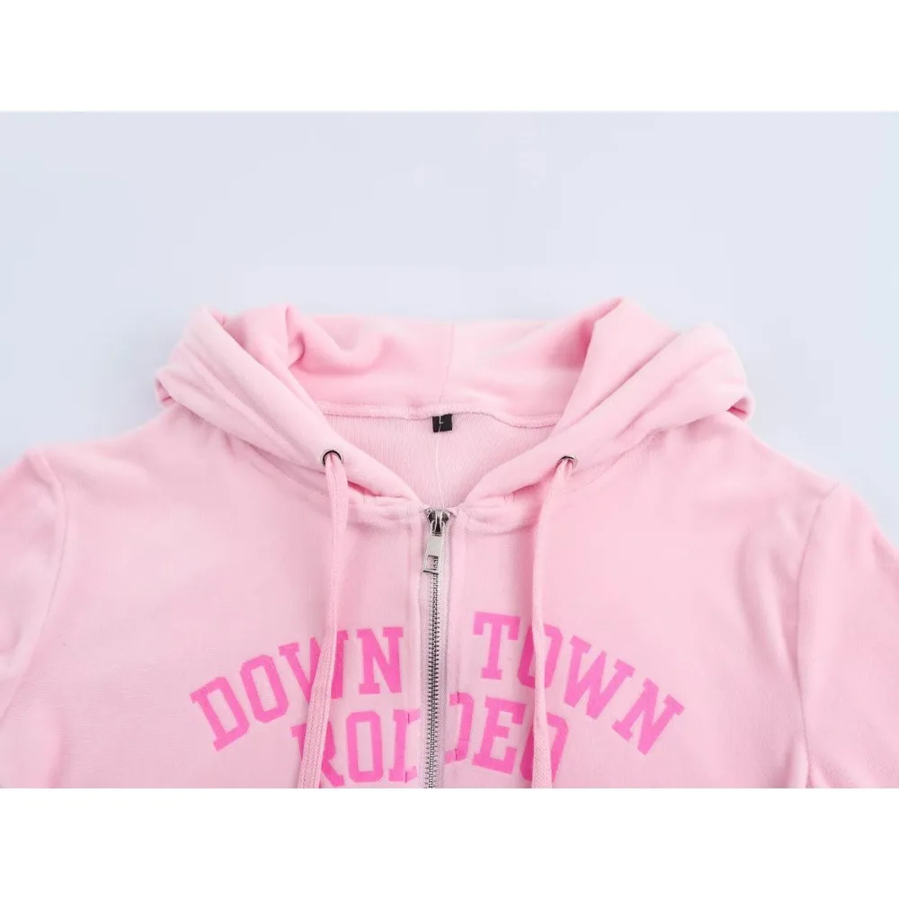Aesthetic Women\'s Gorgeous Pink Two-piece Sport Set Fashion Velvet Hooded Jacket with Tonal Text Matching ComfyText Velvet Pants