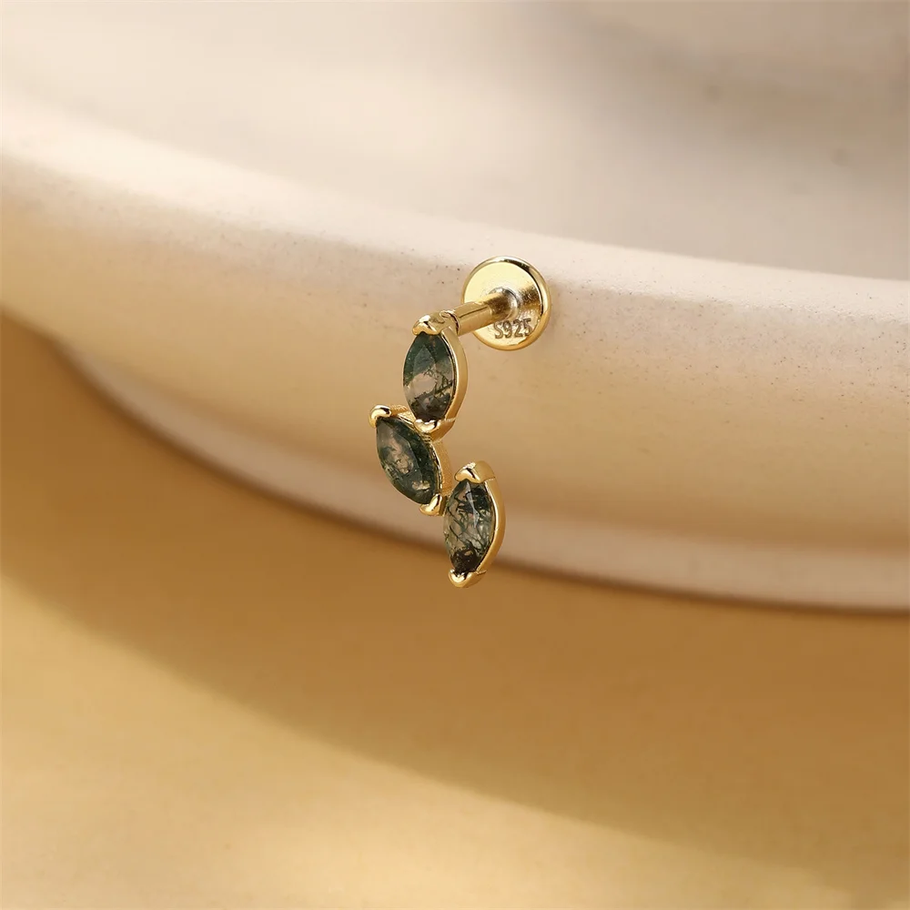 CANNER 1 Stück Sommer Natürlicher Wassergras-Achat Pferdeauge 925 Sterling Silber Flachkopf Piercing Ohrstecker für Damen INS Ohrring – Detail 24
