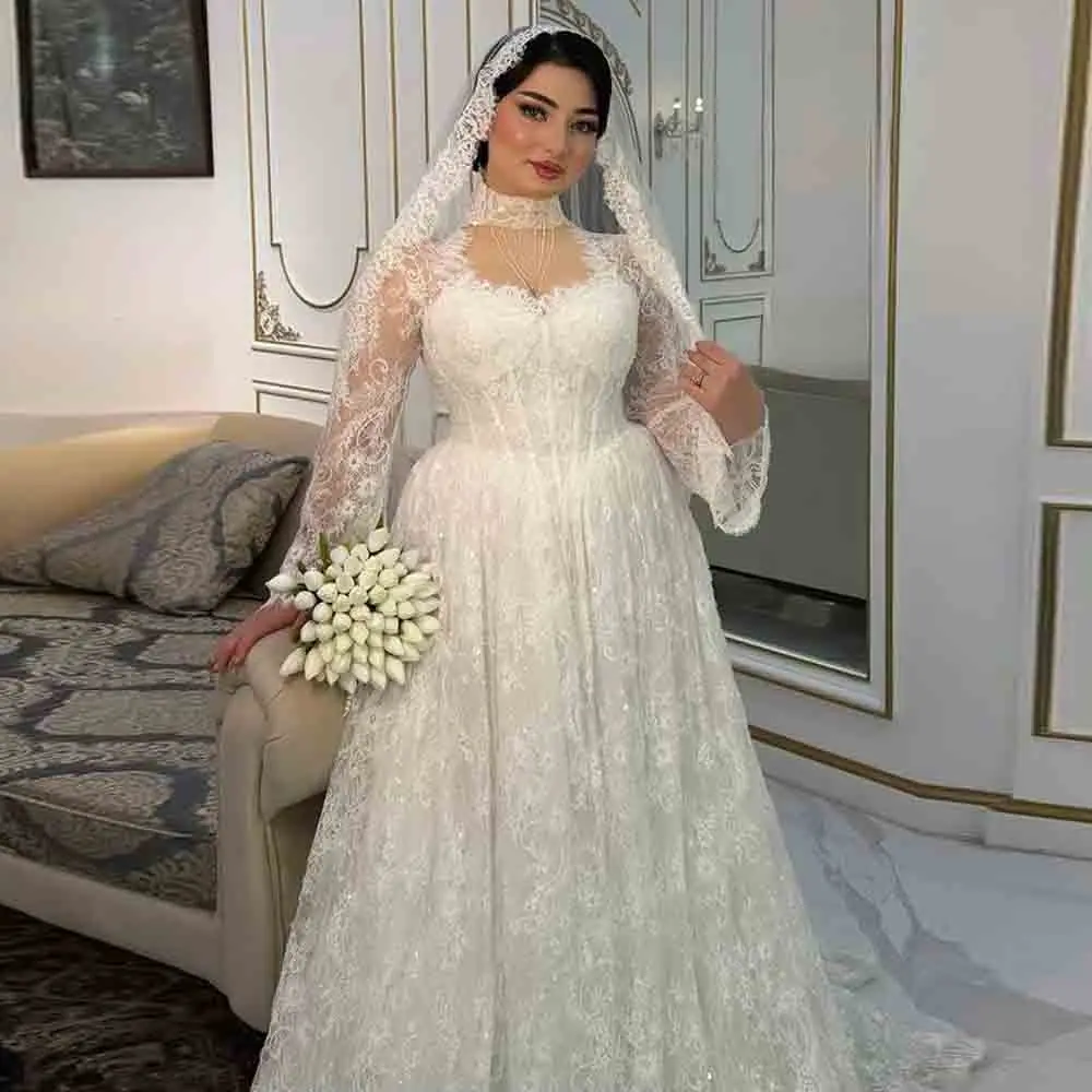 Customized 2026 Sparkly Full Floral Lace Muslim Wedding Dress High Neck Illusion Long Sleeve Bridal Gown Islamic vestidos