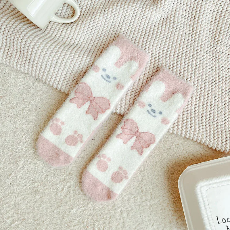 Sweet Pink Rabbits Bowknot Imitation Mink Socks Winter Plush Warm Home Sleeping Socks Ins Japanese Cartoon Cute Furry Tube Socks