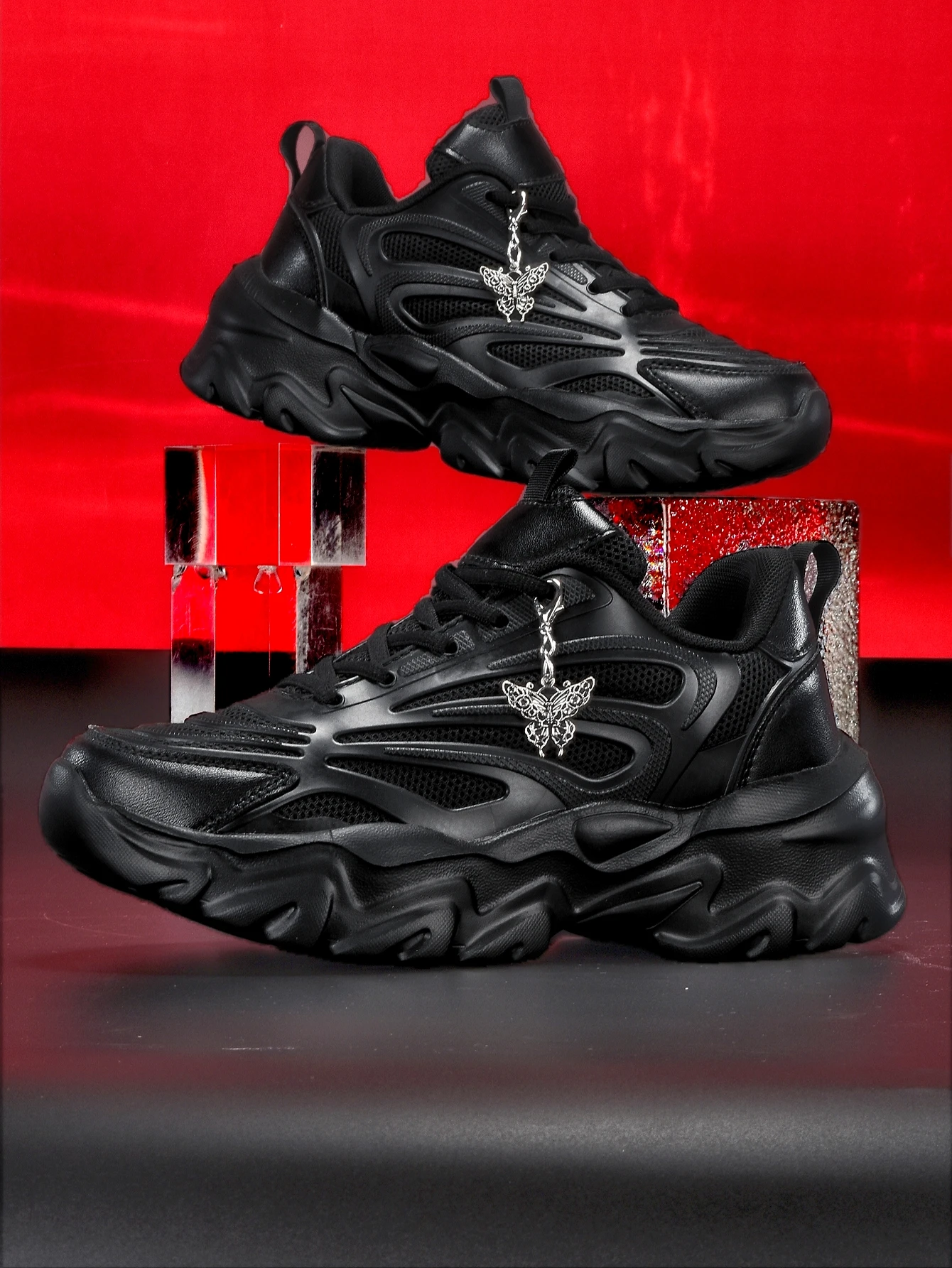 Women's Casual Sneakers with Retro Silver Double Butterfly Metal Chain Decoration, Black Shoes with Breathable Mesh, Unique Wave-Shaped Eva Outsole, Trendy for Everyday Outings, Commuting, Sweet and Cool Style, Unique Design, Student-Friendly, Campus Versatile, Soft-Soled, Lightweight, Comfortable Women's Shoes
