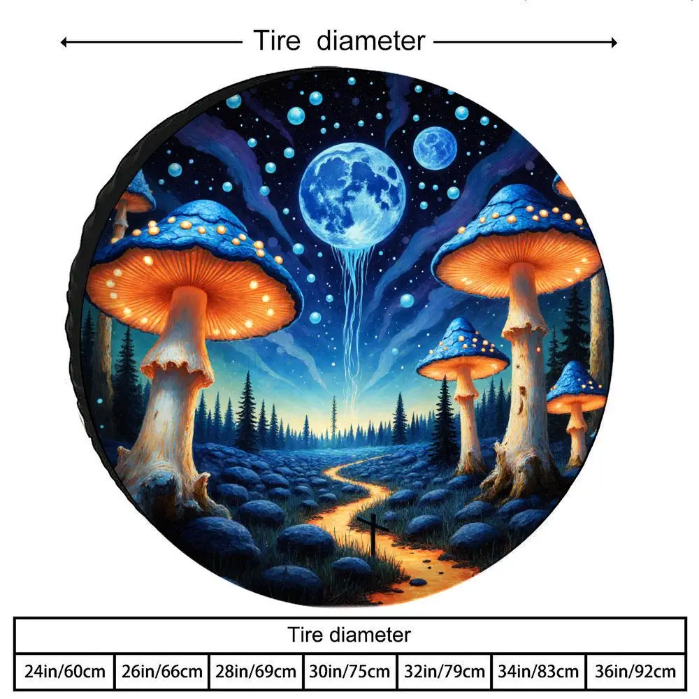 Magic Mushroom Night Moon Spare Tire Cover Durable Polyester SUV RV Wheel Protector Decoration