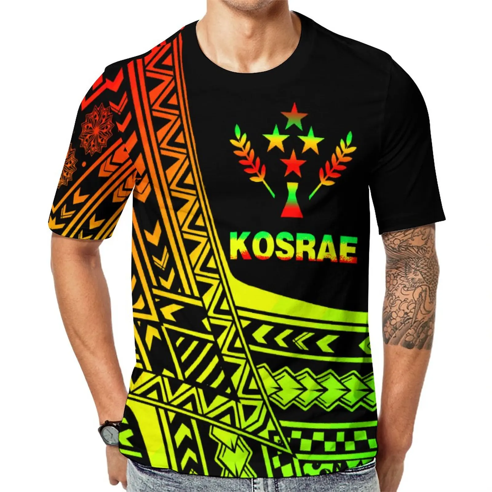 Fashion  HD print Custom Design Polynesian Traditional Tribal Pattern Polyester T Shirt Short Sleeve Comfortable Wholesale Men