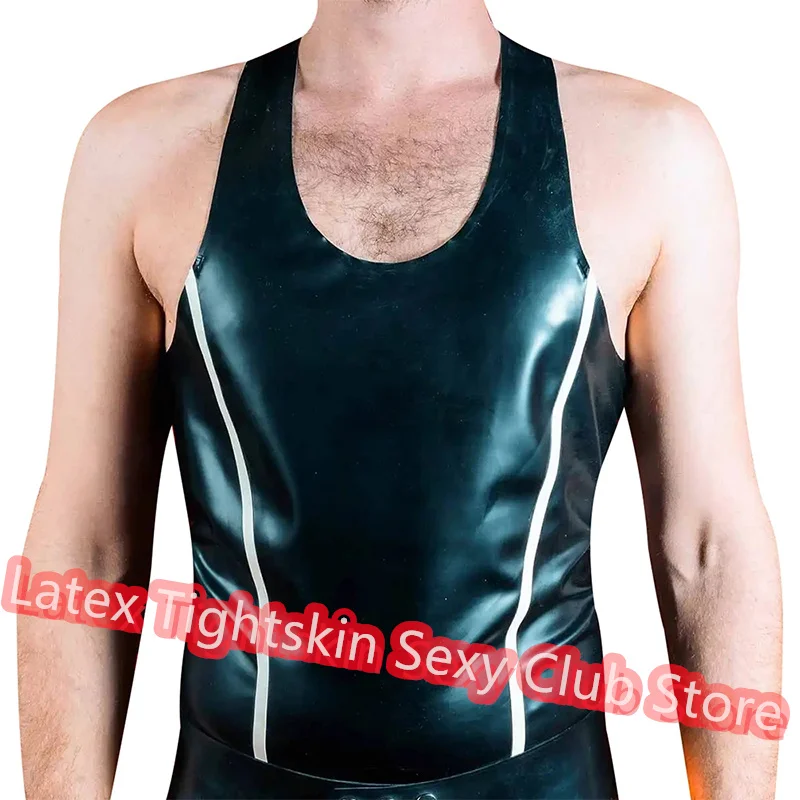 

Handmade Latex Men Sleeveless Shirt Man Sexy Tops Rubber Tank Vest with White Trim Cosplay Costume