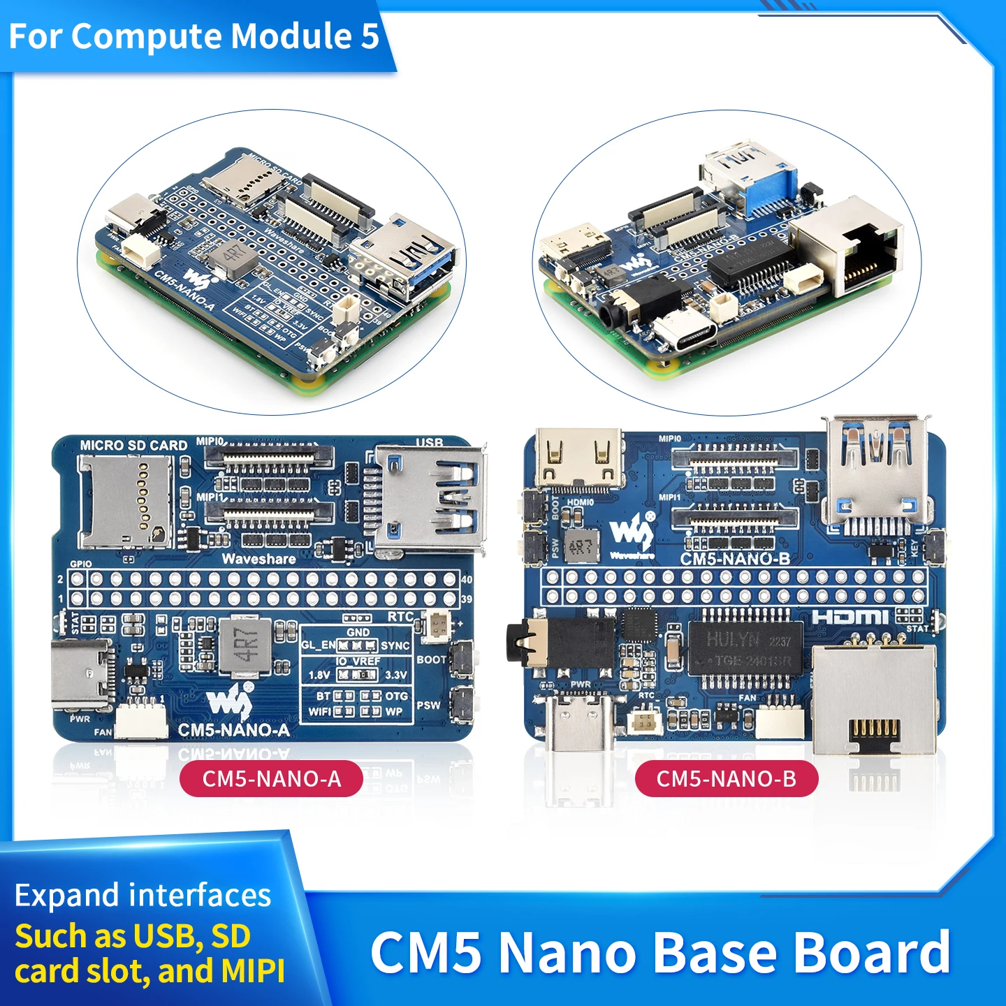 Nano Base Board (A) / (B) for Raspberry Pi Compute Module 5 Lite / EMMC Same Size as CM5 Waveshare CM5-NANO-A-B