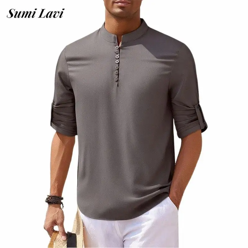 

New Casual Breathable Loose Henley Shirt For Mens 2025 Autumn Stylish Solid Color Shirt Pullover Men Leisure Long Sleeve Shirts