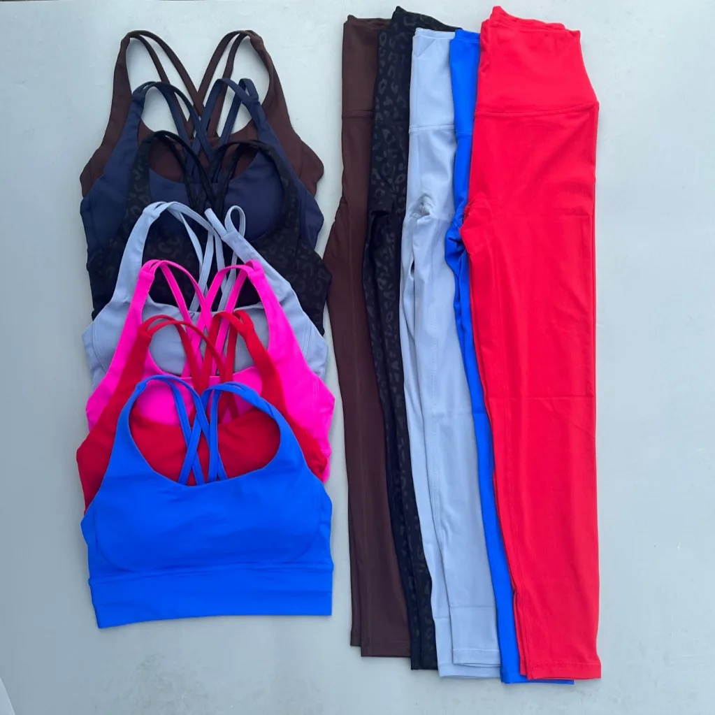 Solid Color Soft Women Gym Yoga Legging Set Cross Back Shoulder Strap Gym Yoga Bra+High Waist Sport Leggings 2pc Tight Sportwear
