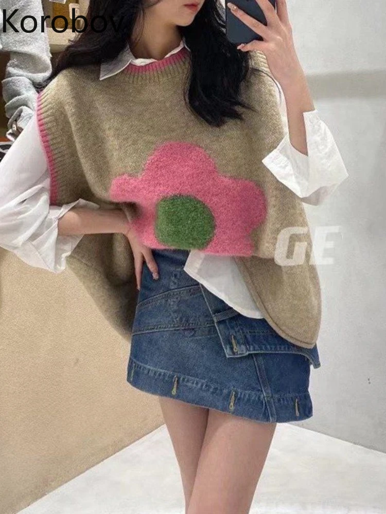 Korobov Korean Fashion Knitted Vest Autumn New Loose Age Reduction Splicing Flowers Pull Femme Sweater Sweet Chaleco Mujer