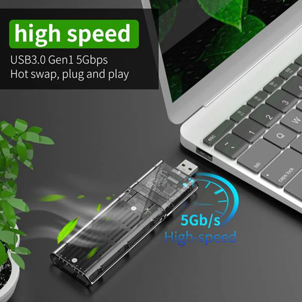 غلاف محرك الأقراص الصلبة M.2 NGFF SATA SSD خارجي فعال عالي السرعة USB3.0 Gen1 5Gb/S حافظة القرص الصلب SATA SSD الشفافة للكمبيوتر الشخصي