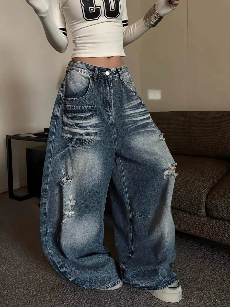Calças Jeans Femininas Americanas Retrô de Cintura Alta e Perna Larga, Novidade de Verão, Estilo High Street, Soltas, com Caimento Reto e Comprimento 