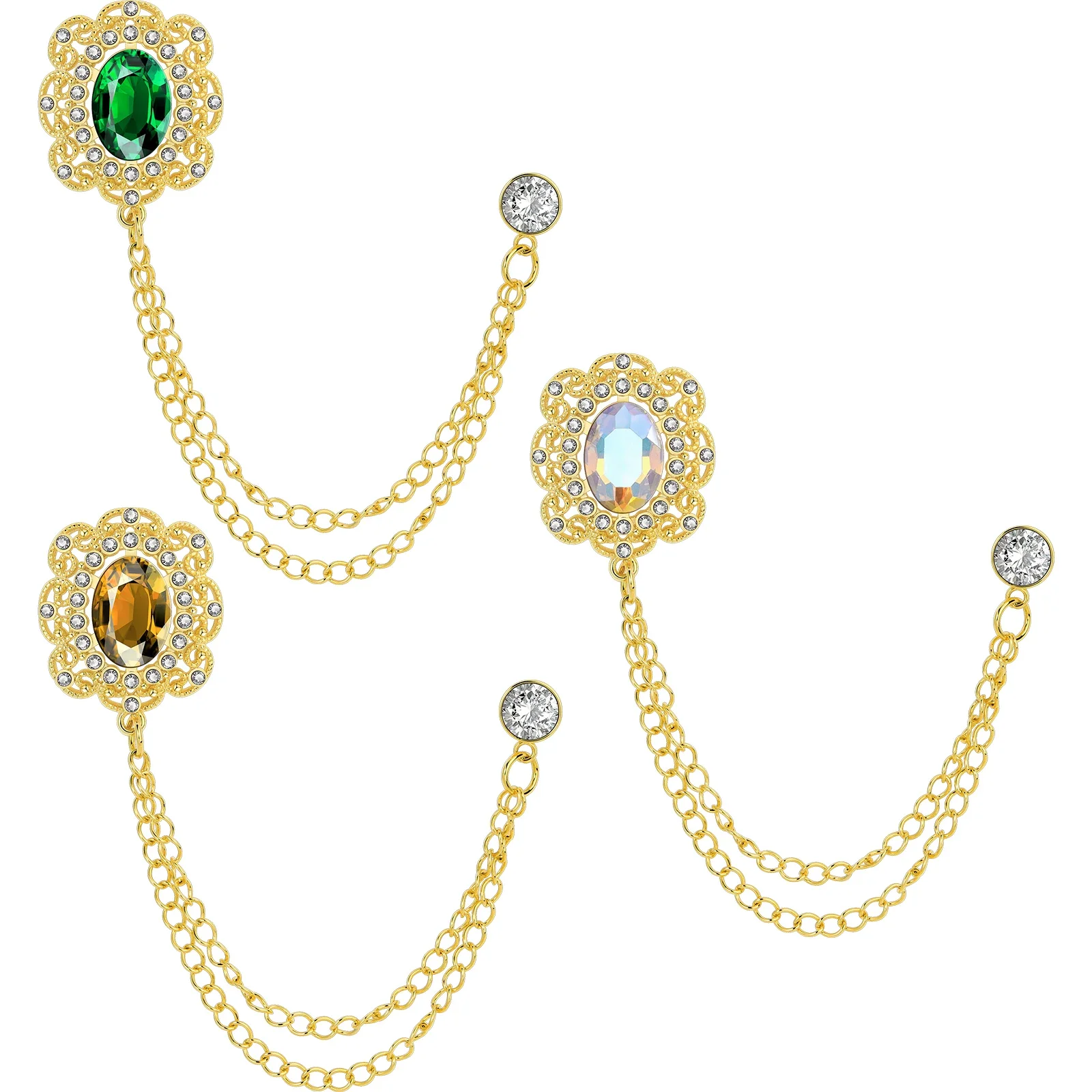 3 Pcs Men's Lapel Brooch Set with Chain Crystal for Suit Wedding Groom Business Gifts for Father