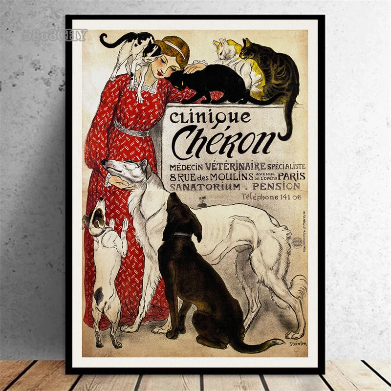 Distressed Vintage French Poster Clinique Cheron Cats & Dogs Canvas Painting Print Wall Art Pictures Théophile Steinlen Mural