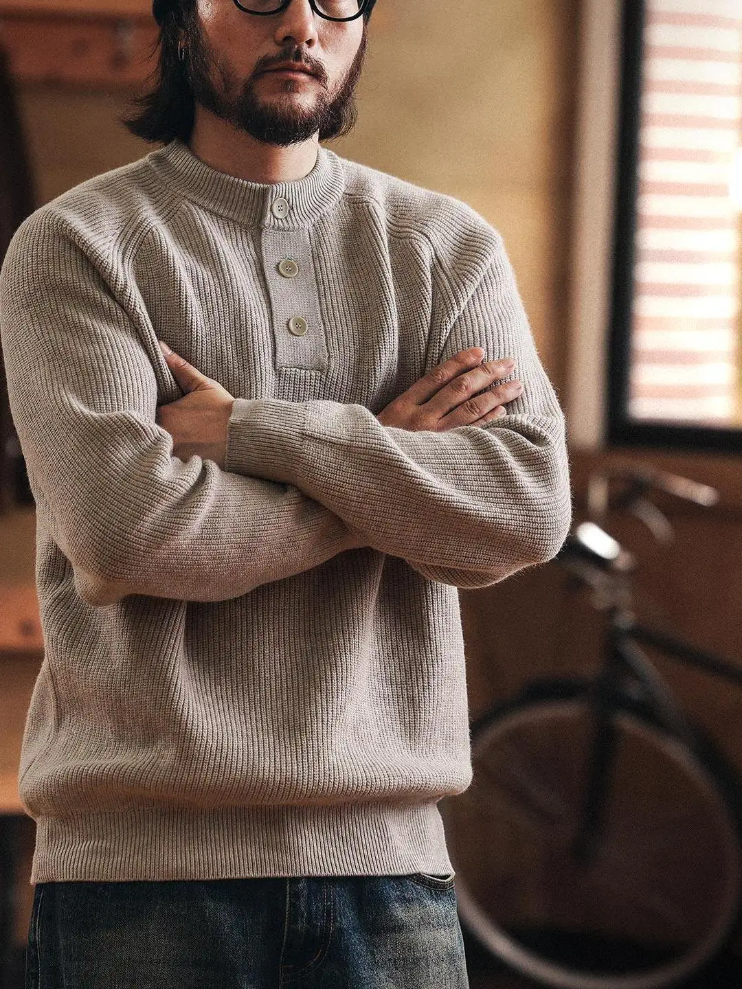 

Мужской свитер в стиле ретро-американского трикотажа, свободного кроя, с воротником хенли, из хлопка, полиэстера и нейлона, с длинным рукавом, теплый, повседневный топ