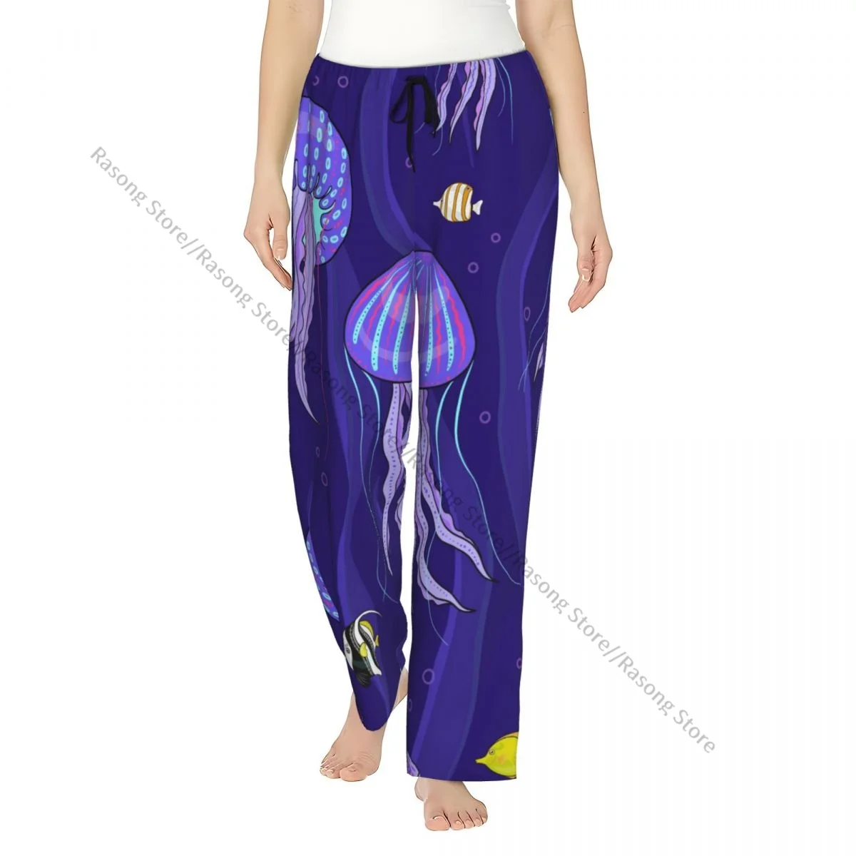 

Женские пижамные штаны с волнистыми водорослями и медузой, мягкие штаны для сна с эластичным поясом