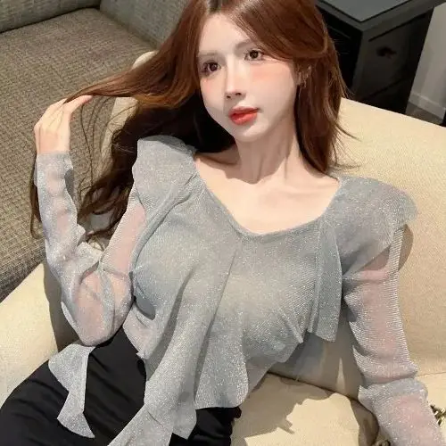 

Ruffled High-Waist Navel-Baring Long-Sleeved T-Shirt Mesh French Retro Women Autumn Winter New Slim Short Top