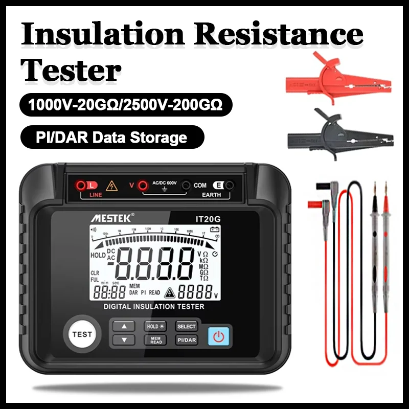 1000V-20GΩ/2500V-200GΩ Digital Insulation Resistance Tester LCD High Precision AC/DC Voltage Megohmmeter PI/DAR Data Storage