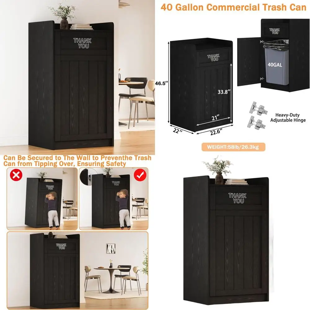 

40 Gallon Wooden Commercial Trash Can Cabinet with Tray Holder for Restaurant, Kitchen, or Office, Black