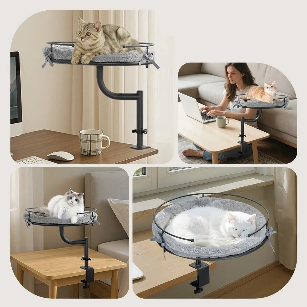 

Лежанка-стол для кошек с регулируемой высотой, вращение на 360 градусов ° Вращающаяся лежанка для кошек с просторным пространством и легким уходом, для установки на стол, выдерживает до 18 кг