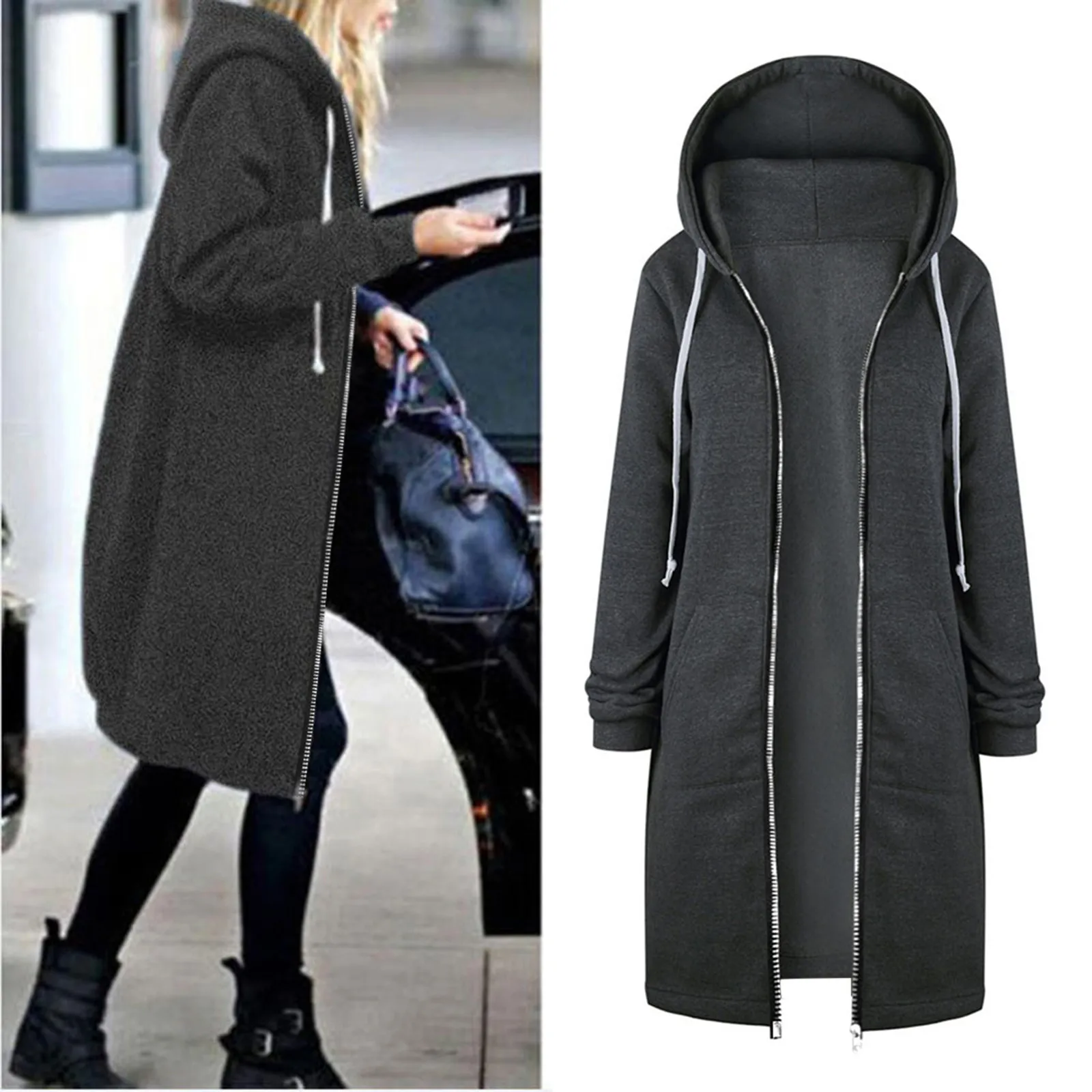 Women Warm Zipper Open Hoodies Sweatshirt Long Coat Jacket Tops Outwear Autumn Winter Jackets