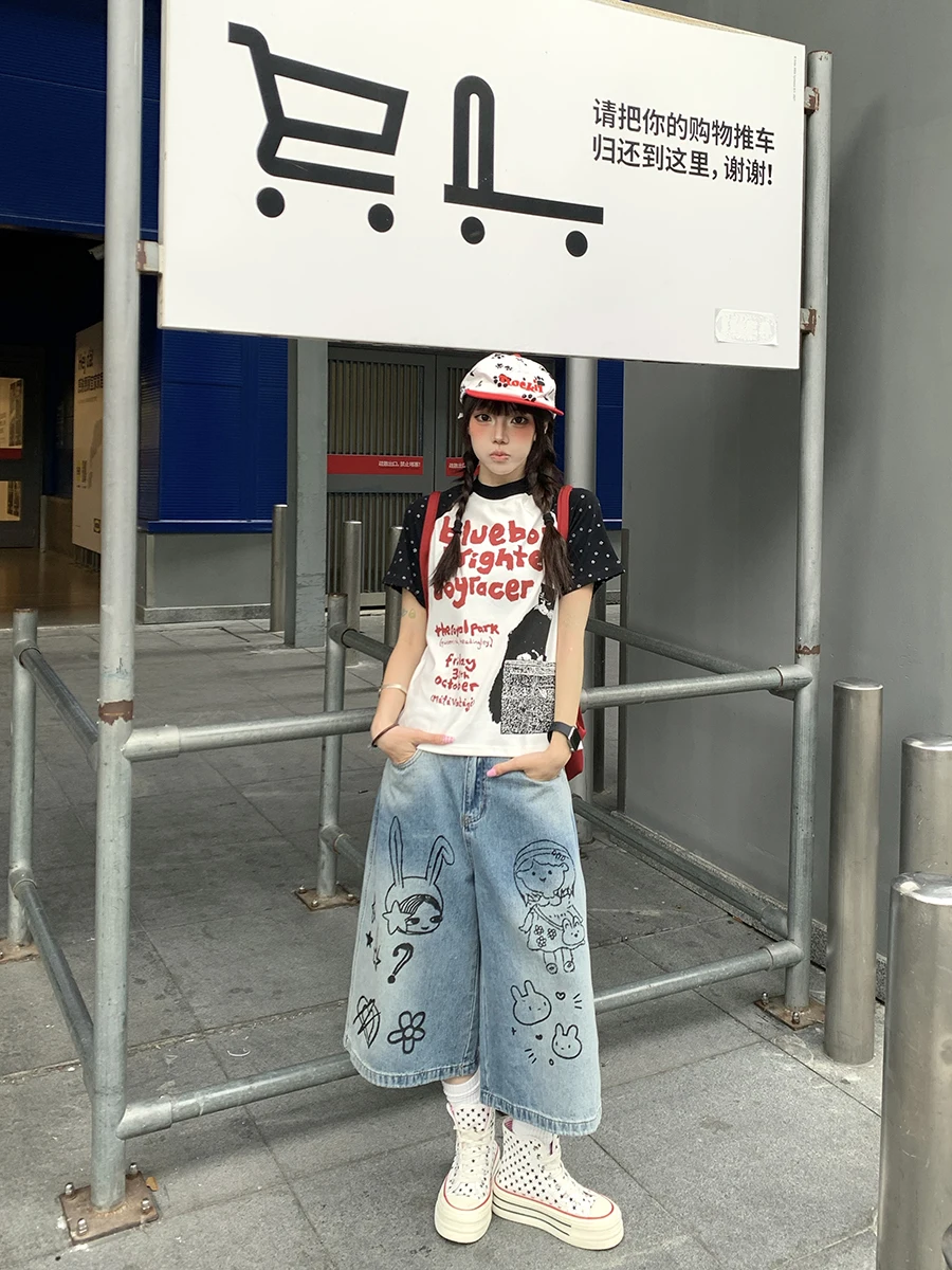 Summer New Women's Loose Fit Wide Leg Jeans Cartoon Graffiti Denim Seven-Foot Pants Comfortable Versatile  Knot Detail