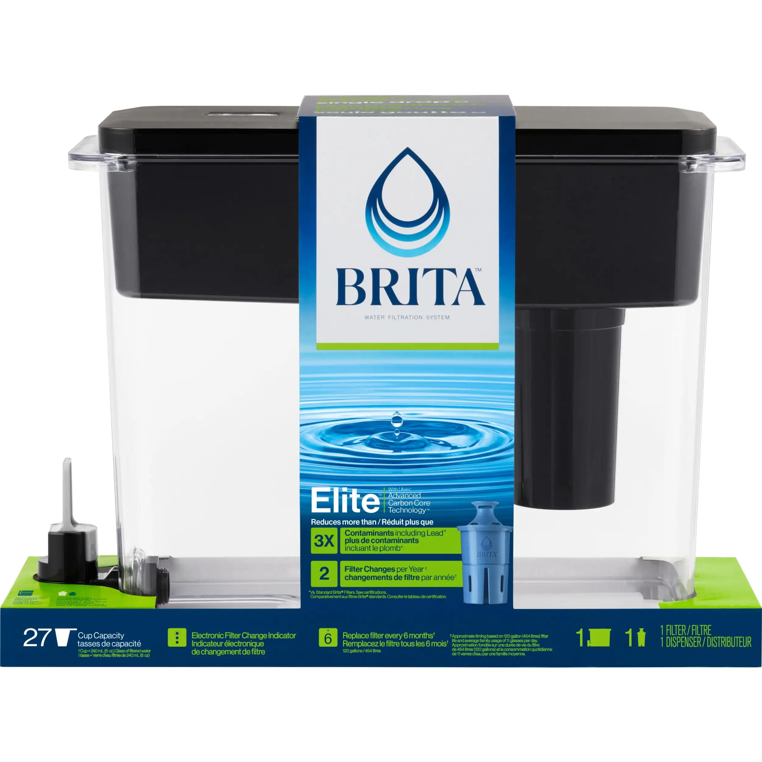 Brita Ultramax polistirena 27 cangkir Dispenser penyaring air hitam, dengan penyaring elit