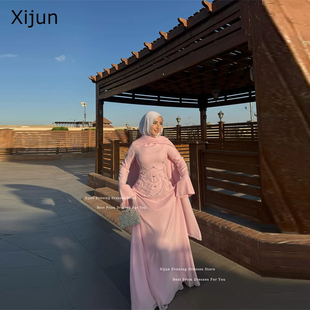 

Xijun Modest Pink Crepe Evening Dresses Full Sleeves Beads Dubai Prom Dresses A-Line Formal Saudi Arabic Prom Gowns Customized