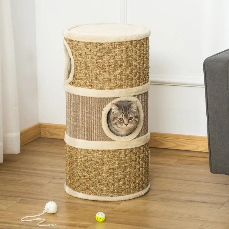Baril à gratter pour chat à 3 niveaux avec sisal et peluche, 37,5x37,5x70 cm, arbre à chat avec trou d'entrée de 18 cm, zone de repos douce, panneau de particules durable, idéal pour affûter les griffes et protéger les meubles