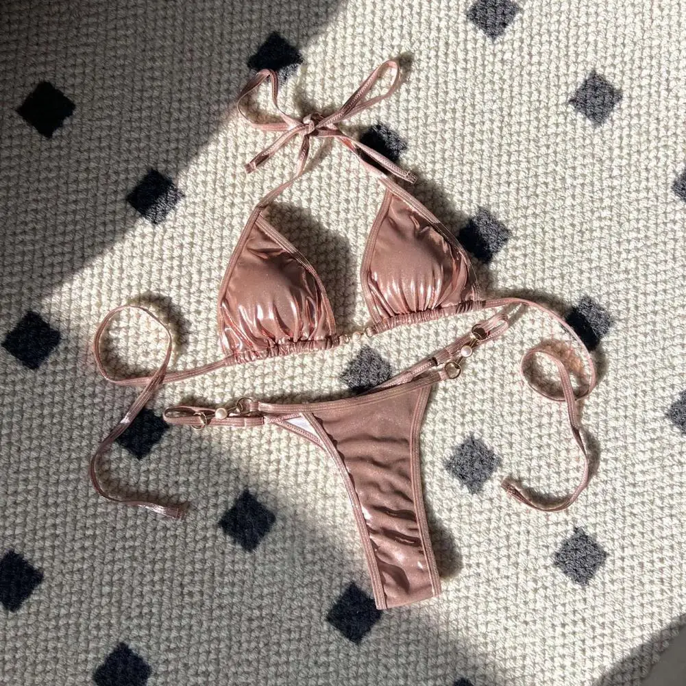 Nowy sztuczna skóra Halter Mini stringi Bikini damski strój kąpielowy kobiet stroje kąpielowe dwuczęściowy zestaw Bikini kąpiący się kostium kąpielowy