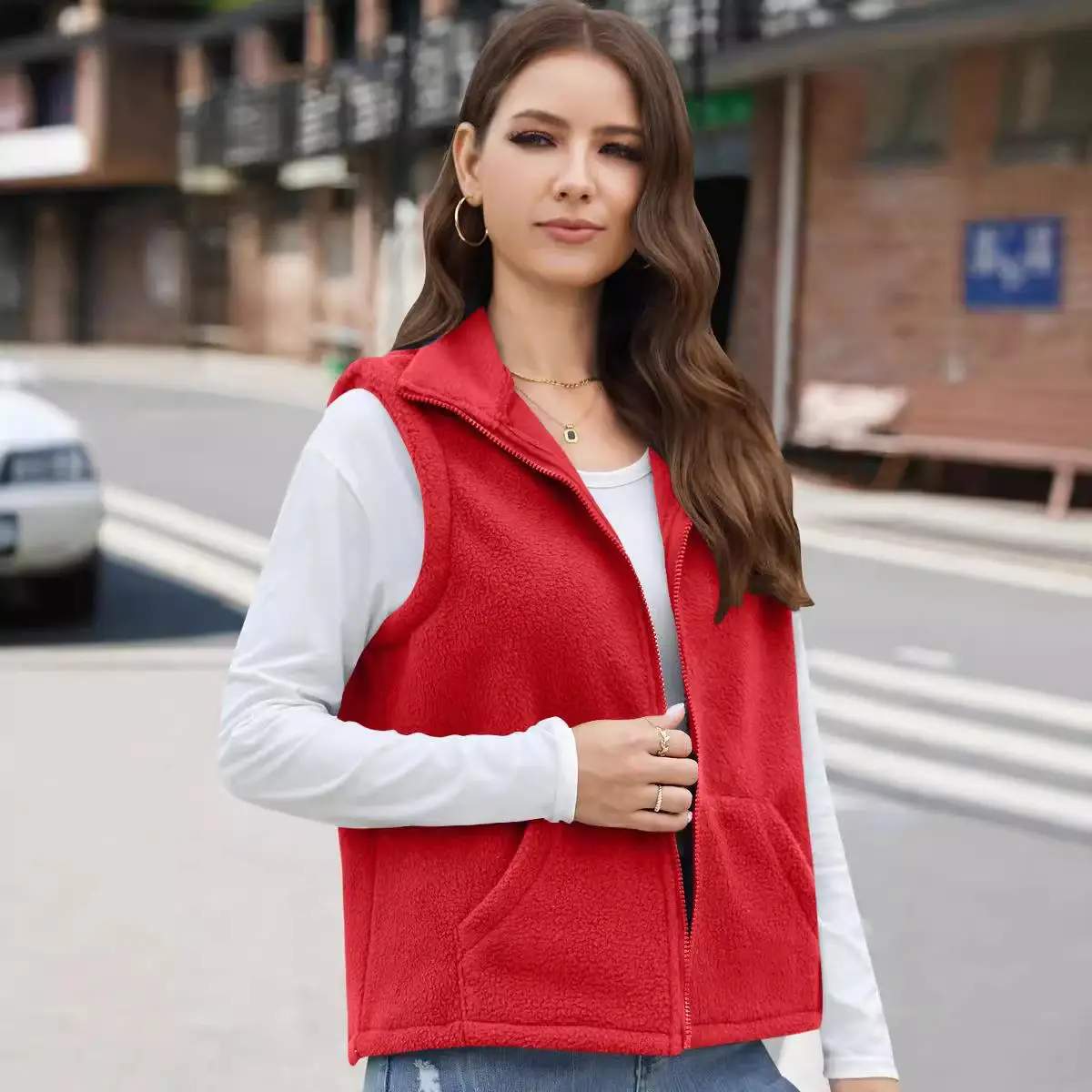 

Women's Zipper Lapel Vest Faionable Polyester Fiber Autumn Season Ladies' Vest No Brand Registered Trademark