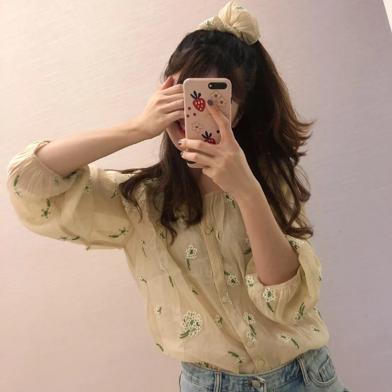 Shirts Women Embroidery Flowers Vintage Simple Korean Style Temper Spring All-match Daily Trendy Leisure Ladies Sweet Basics New